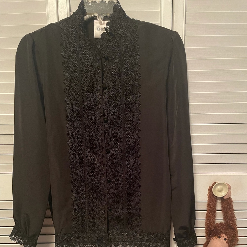 Solid black lace and embroidered front button up longsleeve blouse size 6.